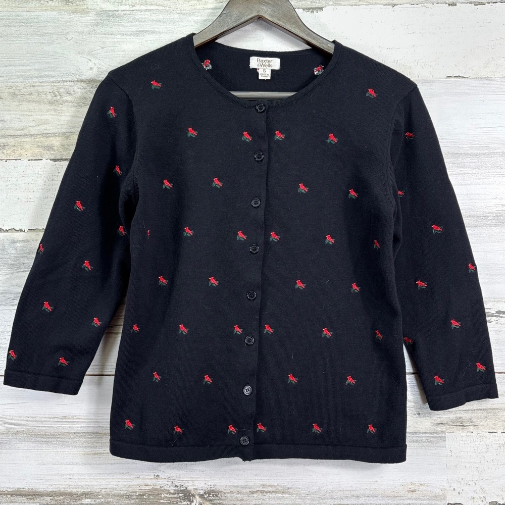 Baxter & Wells Black Cardinal Bird Embroidered Cardigan Button Up Sweater Size S